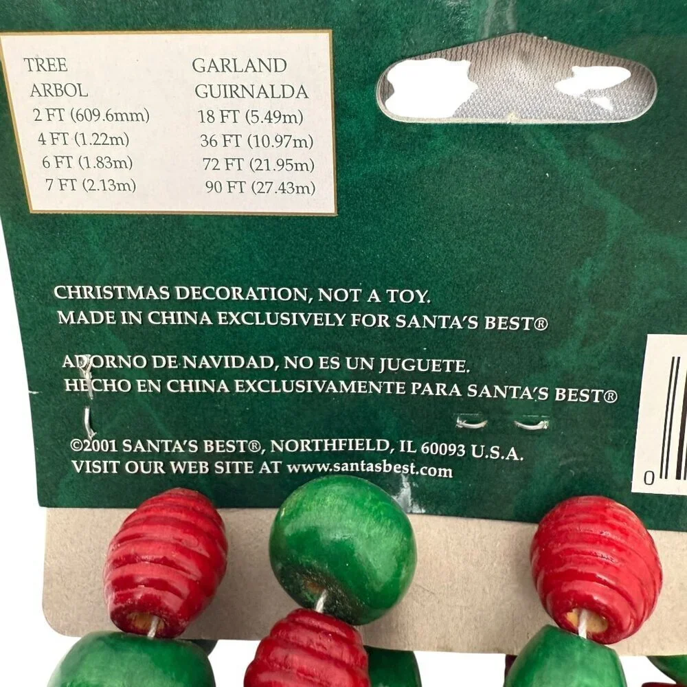 Christmas Garland Wooden Beads 9 Feet Strand Red Green by Santa's Best